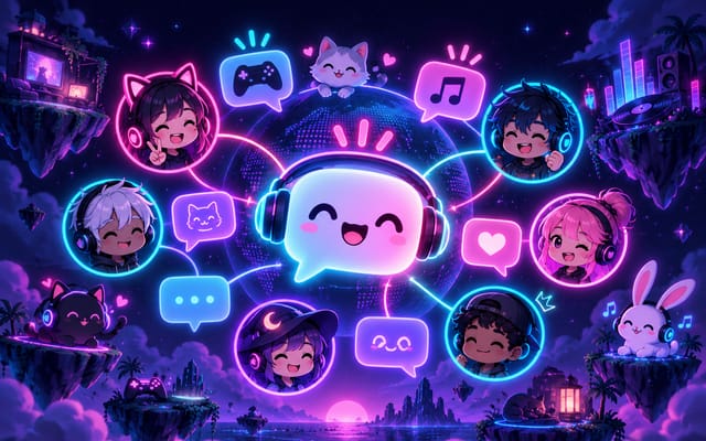 Neon illustration of a chat bubble mascot connected to a circle of friends