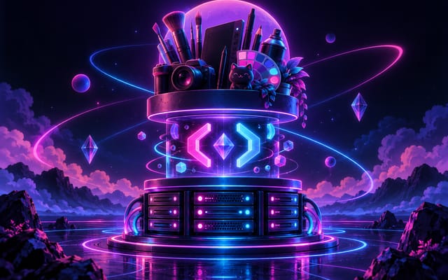 Neon illustration of a glowing stack of servers topped with design and code tools