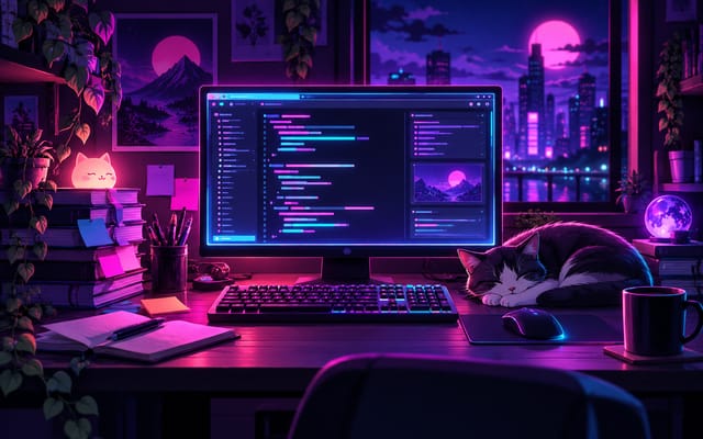 Neon illustration of a late-night desk with a code editor, a sleeping cat and a coffee mug