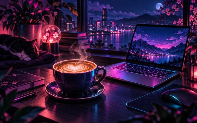 Neon illustration of a latte with heart art beside a laptop at night