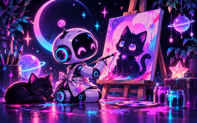 Neon illustration of a robot painting a black cat on a canvas