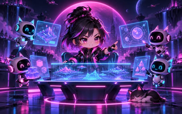 Neon illustration of a boss figure at a holographic command table with two small robots