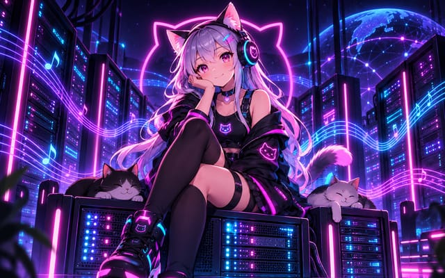 Neon illustration of a cat-eared girl with headphones sitting on a glowing server rack