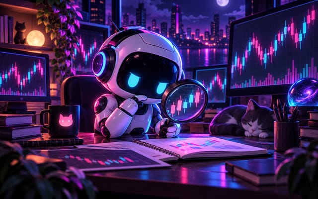 Neon illustration of a small robot studying market charts with a magnifying glass