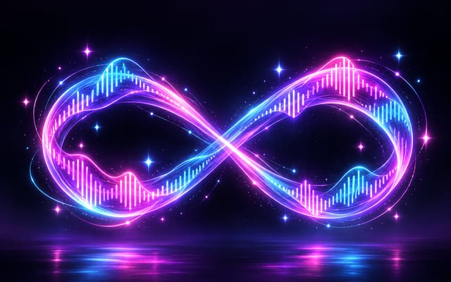 Neon illustration of an infinity loop made of light and sound waves