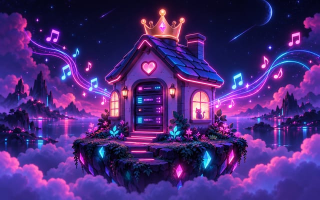 Neon illustration of a crowned house on a floating island with music notes