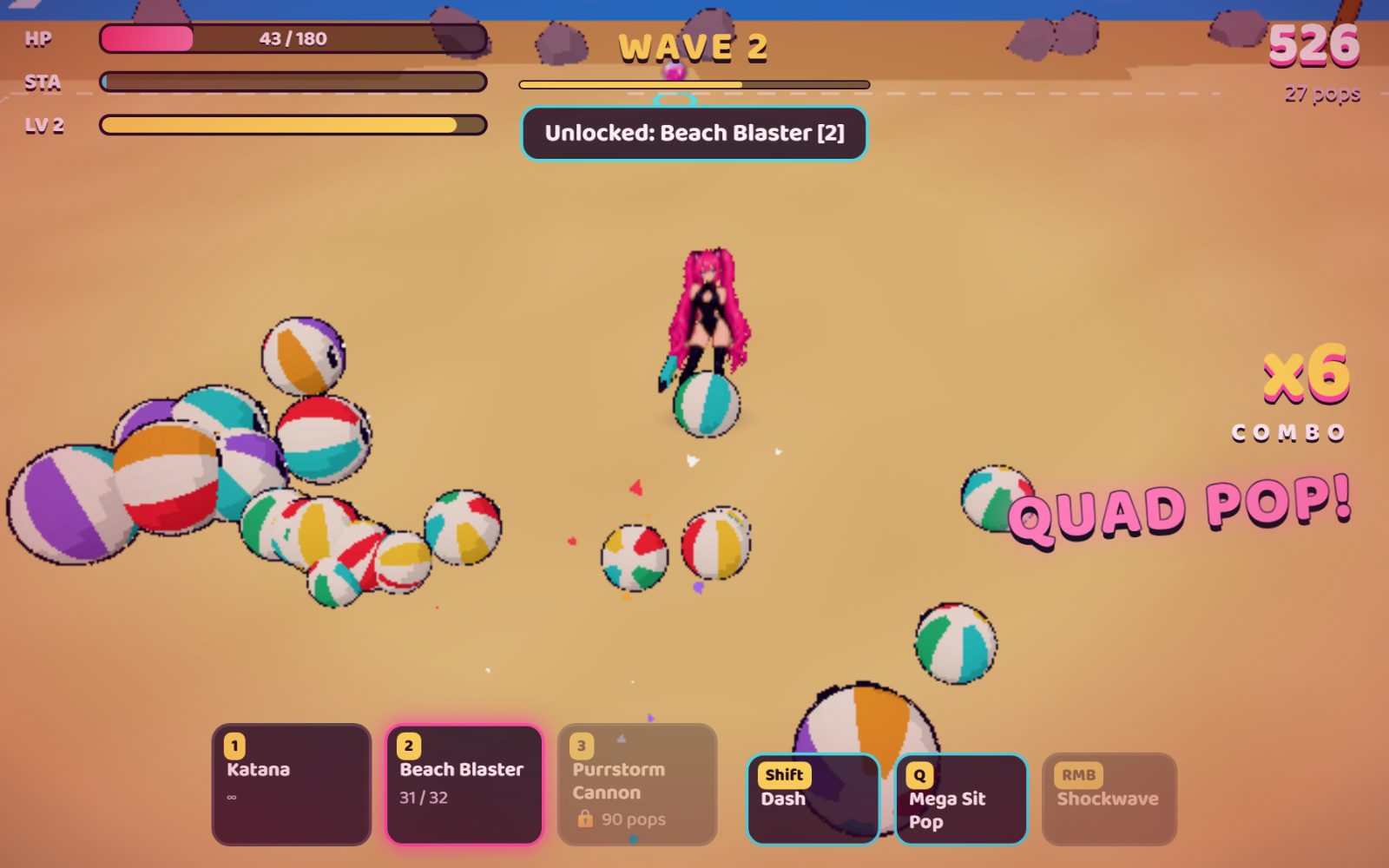 Gameplay from Kitty's Beachball Fantasy: health and stamina bars, wave counter, weapon hotbar and beachball enemies on a sandy beach