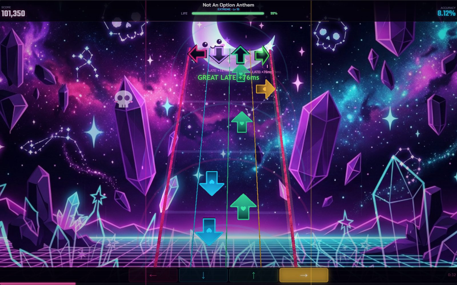 Miko Rhythm mid-song: score, accuracy, life bar, four-lane note highway and judgment text