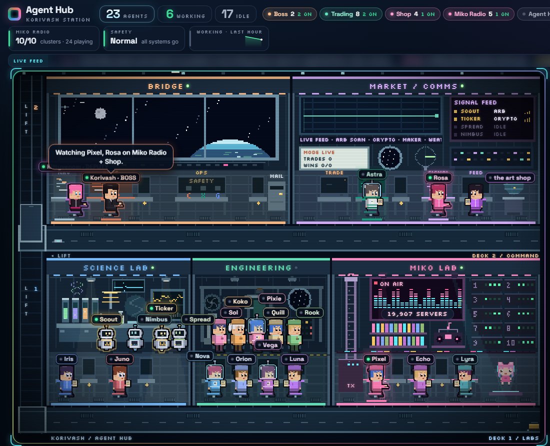 Korivash Station public hub showing the agent workspace